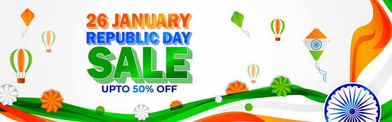 Vector Republic Day Sale banner, 26 January, upto 50% off, balloon , offer template for website and UI.