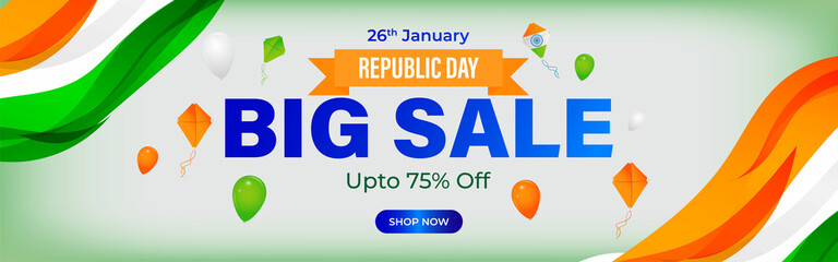 Vector Republic Day Sale banner, 26 January, upto 50% off, balloon , offer template for website and UI.