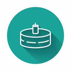 White line Cake with burning candles icon isolated with long shadow background. Happy Birthday. Green circle button. Vector