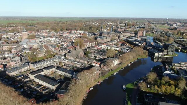 4k aerial video of historic village Woerden in the netherlands