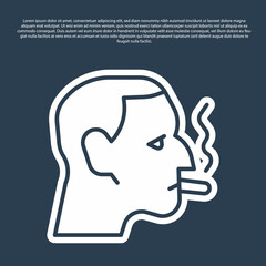 Blue line Man smoking a cigarette icon isolated on blue background. Tobacco sign. Vector