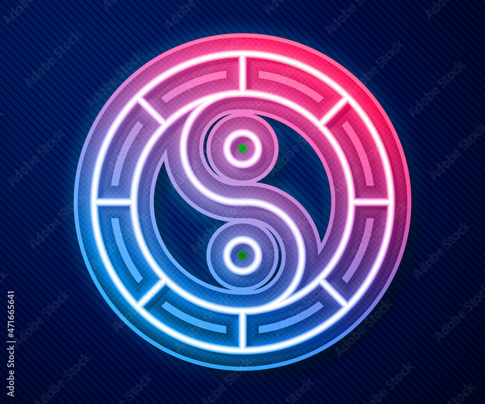 Wall mural glowing neon line yin yang symbol of harmony and balance icon isolated on blue background. vector