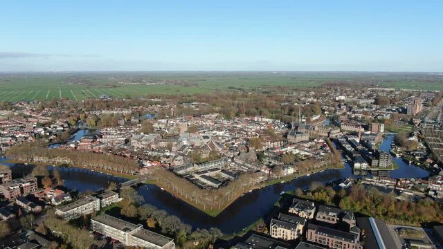 4k aerial video of historic village Woerden in the netherlands