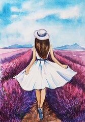 The girl walks in Provence. Watercolor illustration