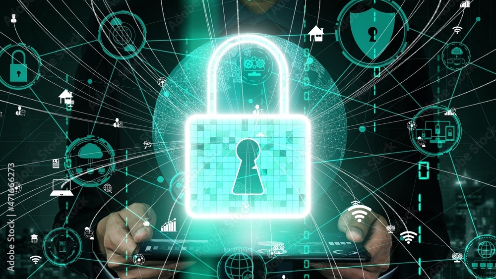 Poster cyber security encryption technology to protect data privacy conceptual . 3d render computer graphic