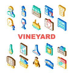 Vineyard Production Alcohol Drink Icons Set Vector. Wine Glasses With Different Taste Beverage, Fridge And Wooden Barrel, Cork And Corkscrew Tool, Vineyard Isometric Sign Color Illustrations