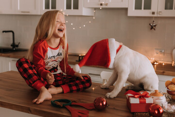 little blonde girl in red Christmas pajamas in a garlanded kitchen puts on a Santa hat for a dog....