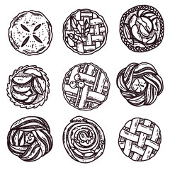 Collection of sweets and pastries. Cute sweet pies. Ink sketch set isolated on white background. Hand drawn vector illustration. © Anastasia Teriohina