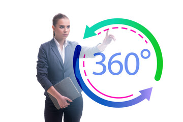 360 degree concept with businesswoman pressing button