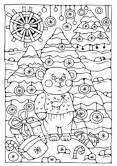 Christmas and New Year coloring book page. Cartoon bear in the New Year forest with trees and gifts. Page for coloring. Art therapy.