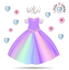 Vector fashion illustration. Beautiful wedding look. Elegant evening dress. Pattern of fashionable dress for little girls. Party clothes for babies. Baby suit. Princess. Tulle skirt