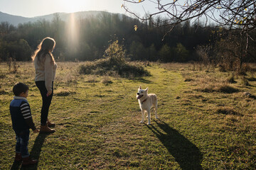 Obraz premium Have fun spending time with mom, baby and pet in nature. Mom and son are walking in park with dog. Half breed of white Swiss shepherd with owners in field at sunset.