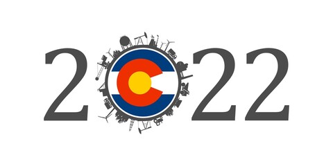 2022 year number with industrial icons around zero digit. Flag of Colorado.