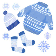 Illustration of winter clothes. Cute sweater, knitted hat and socks blue color illustration with snowflakes