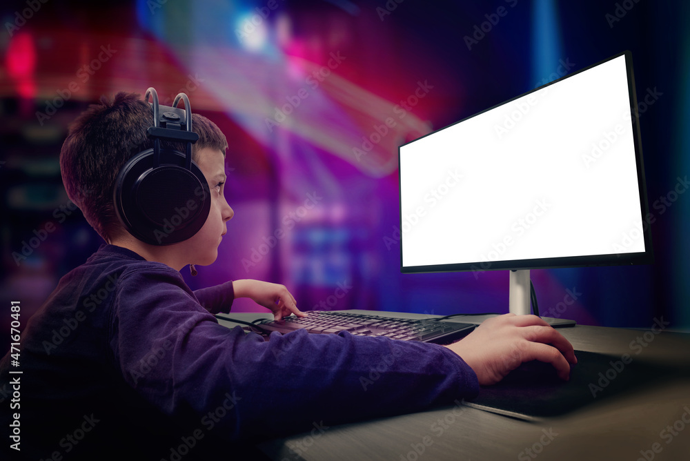 Poster gamer playing game concept. isolated display screen for game presentation mockup. led lights in back
