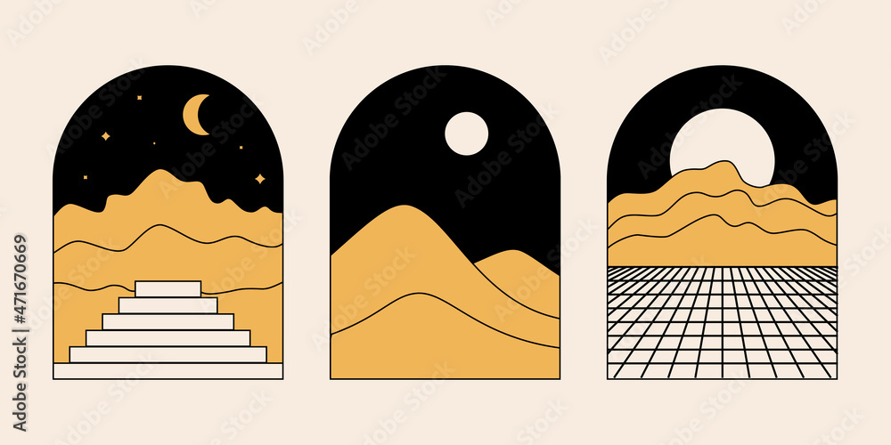 Aufkleber Vector illustration in simple line style - boho abstract print - simple natural landscape with mountains and hills
