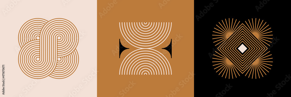 Poster vector minimal geometric illustrations set - trendy abstract aesthetic linear compositions, prints, 
