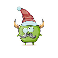 Vector cartoon funky green monster with Santa Claus red hat isolated on white background. Childrens Merry Christmas greeting card with funny monster elf Santa Claus.