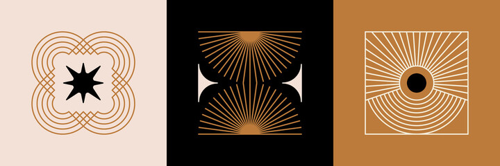 Vector minimal geometric illustrations set - trendy abstract aesthetic linear compositions, prints, frames and graphic design elements