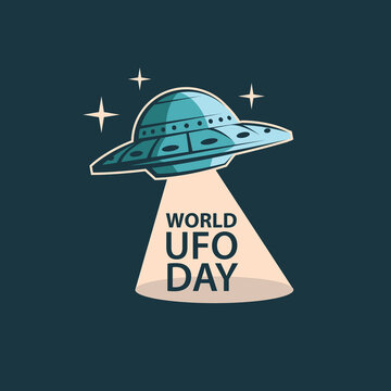 banner of UFO space ship world day and stars isolated on dark background