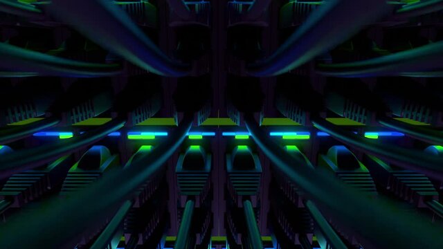 Router with ethernet cables in Network Wan server close up slow motion. 4K Ultra HD Loop seamless animation footage with flashing twinking lights.