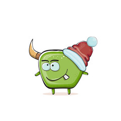 Vector cartoon funky green monster with Santa Claus red hat isolated on white background. Childrens Merry Christmas greeting card with funny monster elf Santa Claus.