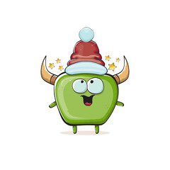 Vector cartoon funky green monster with Santa Claus red hat isolated on white background. Childrens Merry Christmas greeting card with funny monster elf Santa Claus.