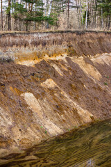 Sharp steep cliff on a sandy quarry, layers of soil, sand and loam