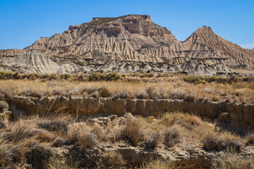 Spain, Navarre, Arguedas, Bardenas Reales desert, natural park classified as Biosphere Reserve by UNESCO, Castil de Tierra, the emblematic fairy chimney