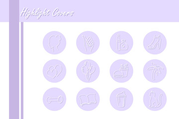 Set of vector icons for highlight covers for female's blog on purple background