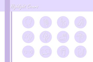 Set of vector icons for highlight covers for female's blog on purple background