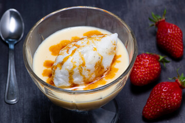Snowy eggs and custard recipe. High quality photo