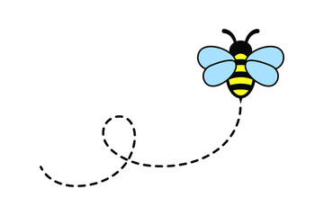 Cartoon Bee Flying on a Dotted Route. Vector illustration isolated on background.