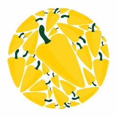 Yellow peppers in a circle.  Vector flat design template. Background of food, gardening or horticulture. - 471673429