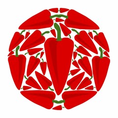 Red peppers in a circle.  Vector flat design template. Background of food, gardening or horticulture.