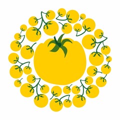 Yellow tomatoes in a circle. Vector flat design template. Background of food, farm, gardening or horticulture. - 471673432