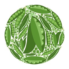 Pea pods in a circle. Vector flat design template. Background of food, gardening or horticulture.
