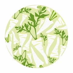 Primroses in a circle. Vector flat design template. Background of food, farm, gardening or horticulture.