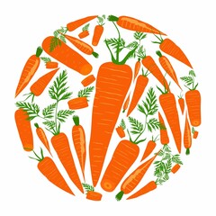 Carrots in a circle. Vector flat design template. Background of food, farm, gardening or horticulture.