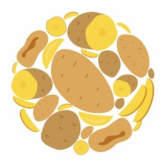 Potatoes in a circle. Vector flat design template. Background of food, farm, gardening or horticulture.