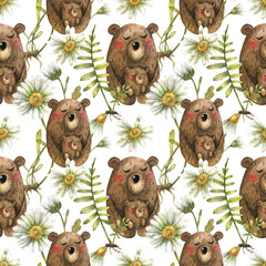 Watercolor seamless floral pattern with wild daisies, buds, roots, meadow flowers. Cute family of bears, where mom hugs the baby.