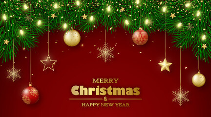 Fototapeta na wymiar Merry Christmas and Happy New Year greeting card. Christmas tree branches, garland, balls, gold decor and confetti on a red background. 