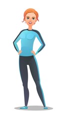 Woman in tracksuit. Girl got ready for sports activities. Cheerful person. Standing pose. Cartoon comic style flat design. Single character. Illustration isolated on white background. Vector