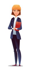 Woman engineer in suit and protective helmet. Office girl at construction site. Cheerful person. Standing pose. Single Character cartoon comic style. Illustration isolated white background. Vector