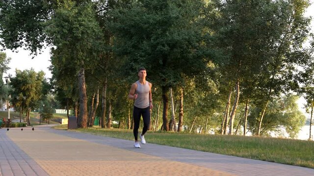 morning run of athlete man running in park, aerobic exercise