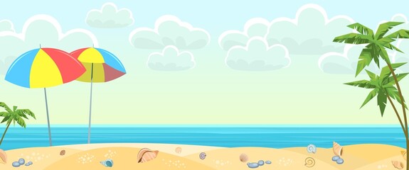 Fototapeta na wymiar Sea beach. Summer seascape. Far away is the ocean horizon. Shells, sand and umbrellas. Calm weather. Flat style illustration. Vector.