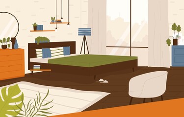 Cozy bedroom interior in modern style with bed, desk, chair and house plant. Living apartment concept. Flat cartoon vector inhouse illustration.