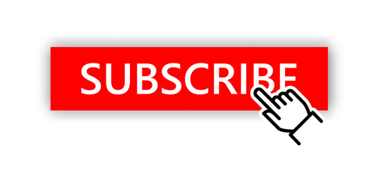 Subscribe button with hand cursor design element. Web button to blog and video channel. Red subscribe element for video channel mockup template
