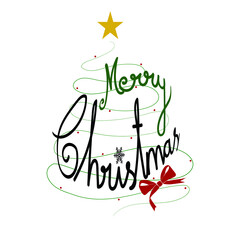 Merry Christmas hand drawn lettering design with Christmas tree, star and a ribbon vector for greeting card, poster, print, web design and other 