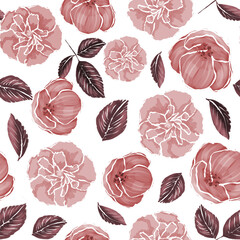 Roses and leaves on a white background. Seamless pattern. 